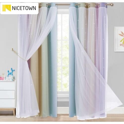 Double Layer Blackout Curtains Star Cutout for Living Room Home Decor White Sheer Window Curtain Panels for Babys Bedroom