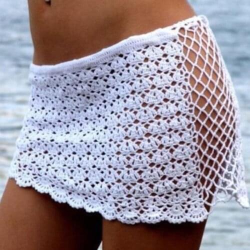 Summer New Crochet Bikini Bottom Sexy Women Hollow Up Floral White Swimwear Bathing Suit High Waist Summer Beach Wrap Skirt