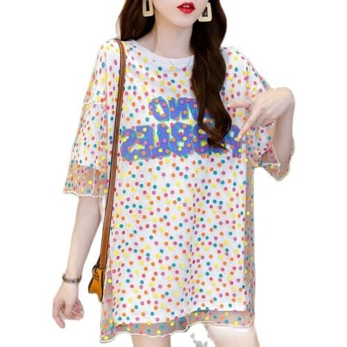 2021 Summer Large Size Dress Ins Fake Two-Piece Mesh Blouse Letter Short-Sleeved T-shirt Loose Mid-Length Shirt Fashion