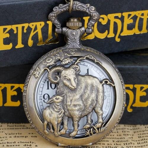 Best Gifts Quartz Pocket Watches Engraved Sheep Zodiac Symbol Hollow Fob Watches Chain Watch for Men Women