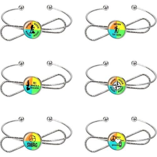 Love Geocache photo glass cabochon bangle Bow style silver/golden Cuff bracelet Fashion Alloy Chain Bangle Jewelry gift