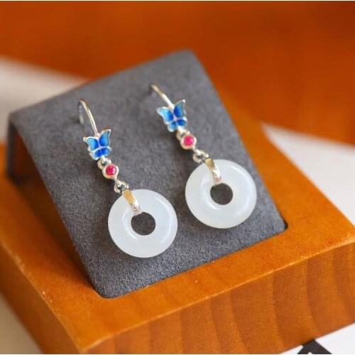 New silver inlaid with natural Hetian Chalcedony long earrings butterfly cute small fresh retro Chinese womens brand jewelry