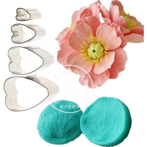 New Poppy Flower Veiner Mould Fondant Cake Decorating Tool flower Silicone Veiner Mould and Stainless Steel Cutters set