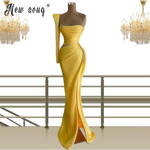 Charming Long Robes Yellow One Shoulder Split Side Formal Prom Dress 2021 Beads Mermaid Sexy Evening Dress Vestidos De Fiesta