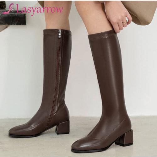 Lasyarrow Knee High Boots Shoes Women Thick Heel Long Boots Square Toe Zipper Lady Footwear Fashion Boots 2021 Autumn Winter