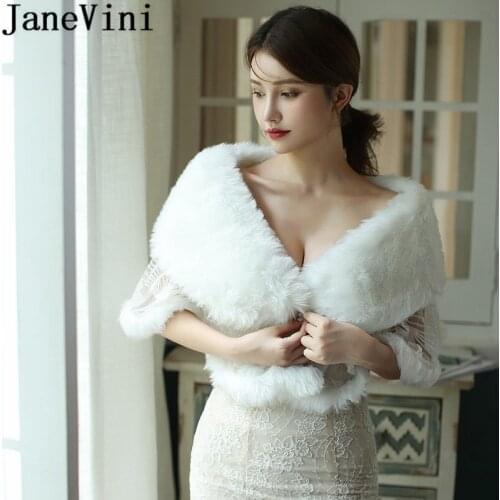 JaneVini Sexy Sheer Ladies Fur Wrap 2020 Winter White Faux Fur Women Wedding Cape Boleros Stole Evening Party Dress Bride Shawl