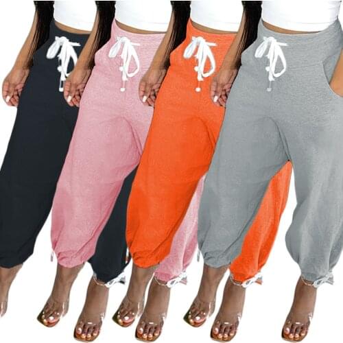 Gray Women Pants Drawstring Loose Cargo Pant Solid Female Baggy Streetwear Elastic Trouser Streetwear 2021 Summer New Activewear