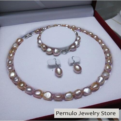 3Pieces Pearl Jewelry Sets Keshi Pearl Necklace+Bracelet+Earrings S925 Natural Baroque Pearl Jewelry 9-10mmGifts