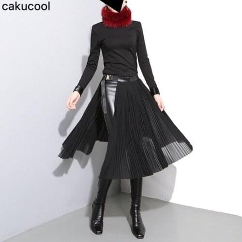 Cakucool womens 2019 spring and summer new black simple adjustable metal buckle elegant chiffon half-length pleated skirt