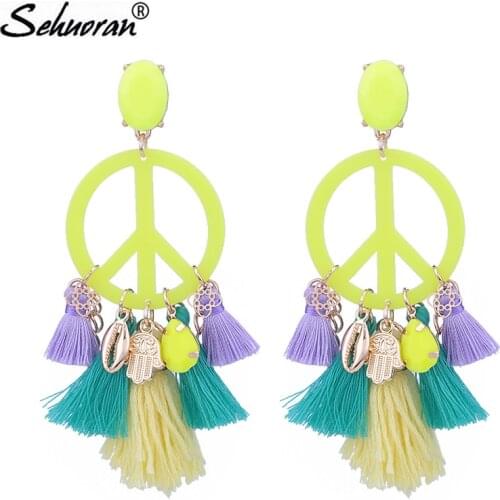 Sehuoran New Color Design Tassel Earrings Big Peace Shaped Earrings For Women Statement Oorbellen Jewelry Charm Drop Earrings