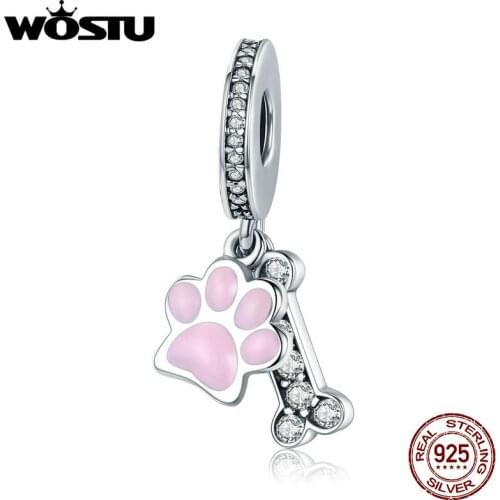 WOSTU New Collection 925 Sterling Silver Animal Dog Footprint & Dog Bone Pendant Charm fit Women Bracelet DIY Jewelry DXC452