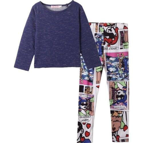New Fall 2021 Girl 2 Piece Set Outfit Blue Top Colorful Bottom Outdoor Printed Cotton Long Sleeve Size 3 5 7 Years Old