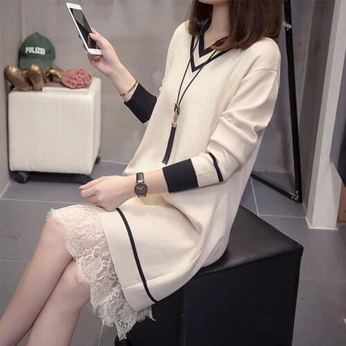 Plus Size Sweater Dress Women 2021 Fall Winter Tops Elegant Lace Patchwork V Neck Knitted Pullover Clothing Pull Femme Vestidos