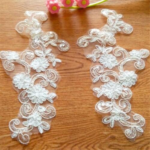 10Pairs New Arrival Ivory Glitter Lace Applique Flower Sewing Trims Wedding Decoration 26X 12cm BD0244