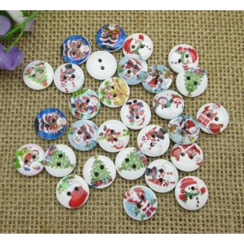 100pcs 15mm Mixed Natural Round Blue Christmas Pattern Wooden Buttons For Clothes Crafts Sewing Scrapbooking DIY Accessories