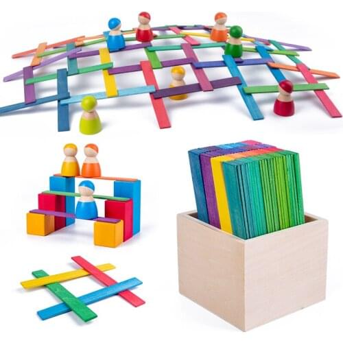 100pcs Kids Wooden Toy Davinci Arch Bridge Rainbow Building Blocks / Montessori woodne toy Stacking Strips Creative Toys