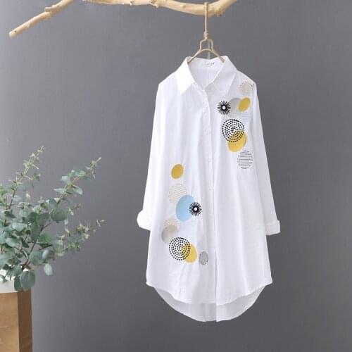 2020 Summer New Cotton Women Shirts Embroidery Solid White Long Loose Casual All Match Female Shirts Outwear Coat Tops