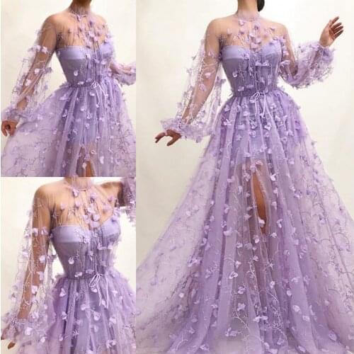 3D Floral Lace Applique Prom Dresses New Arrival Light Purple Long Sleeves Tulle Side Split Party Gowns High Neck