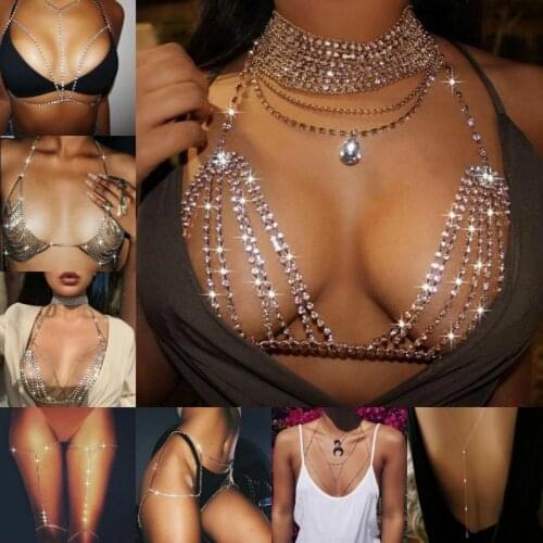 Women Summer Sexy Shiny Crystal Rhinestone Bra Chest Body Chain Bikini Jewelry Leg Chains for Women Summer Beach Dress Sexy