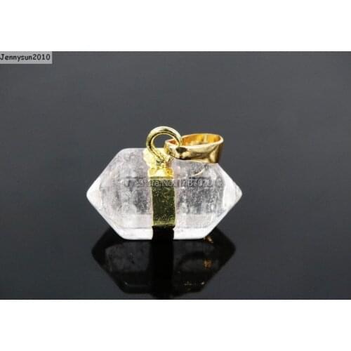 Natural Crystal Quartz Gems Stones Horizontal Petite Nugget Hexagonal Pointed Reiki Chakra Gold Pendant Charm Beads10Pcs/pack