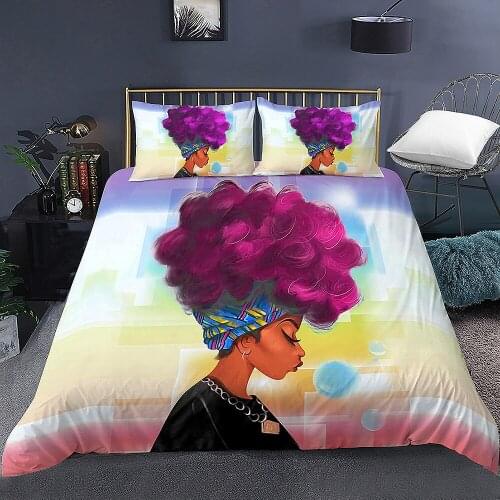 Bedding Set Retro Traditional African Black Women with Purple Hair Afro Hairstyle Duvet Cover Set Duvet Cover+ Pillow Case