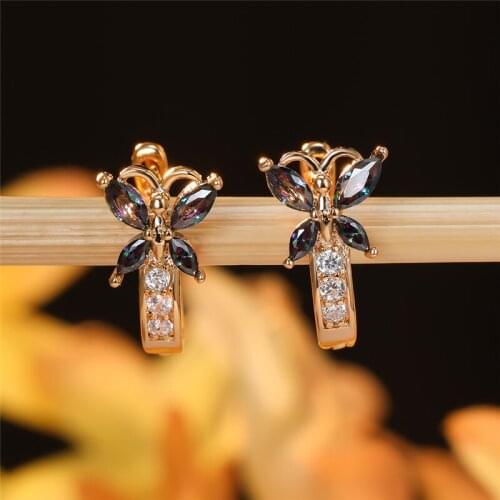 Trendy Female Crystal Butterfly Jewelry Black Gold Silver Color Clip Earrings For Women Charm Rainbow Zircon Wedding Earrings