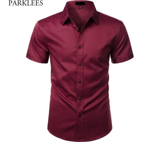 Mens Wine Red Bamboo Fiber Dress Shirts Short Sleeve Wrinkle Free Shirt Men Non Iron Easy Care Elasctic Business Work Chemise