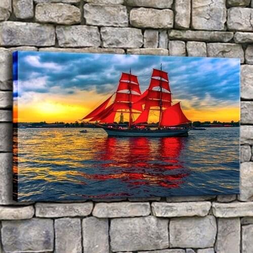 Living Room Wall Art Canvas Picture 1 Piece Big Red Sailing Ship With Sunset Painting Prints Sailboat Poster Home Decor Frame