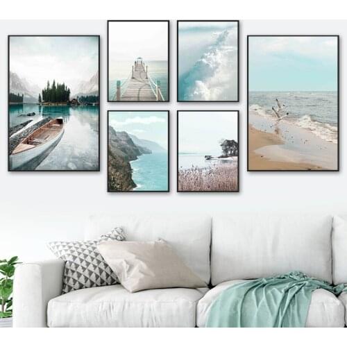 Lake Boat Bridge Mountain Seagull Reed Wall Art Canvas Painting Nordic Posters And Prints Wall Pictures For Living Room Decor