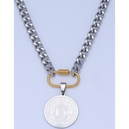 San Benito Medal Choker Necklace For Women Stainless Steel Saint Benedict Medallion Necklaces Metal Spiral Buck Choker