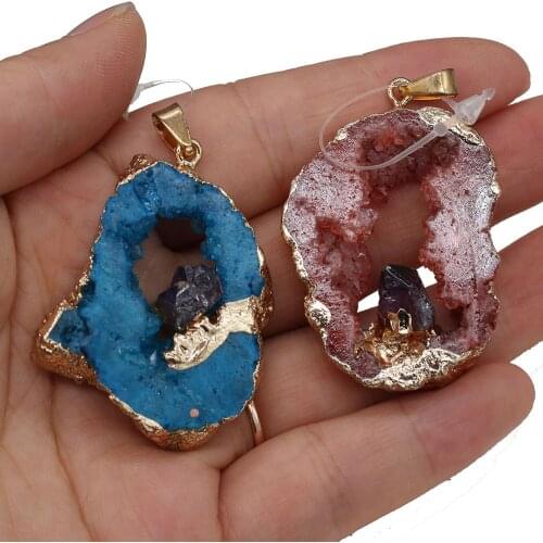 Natural Stone Agates Druzy Necklace Pendant Irregular Shape Natural Stone Pendant for Jewelry Making DIY Necklace Size 30x40-35x
