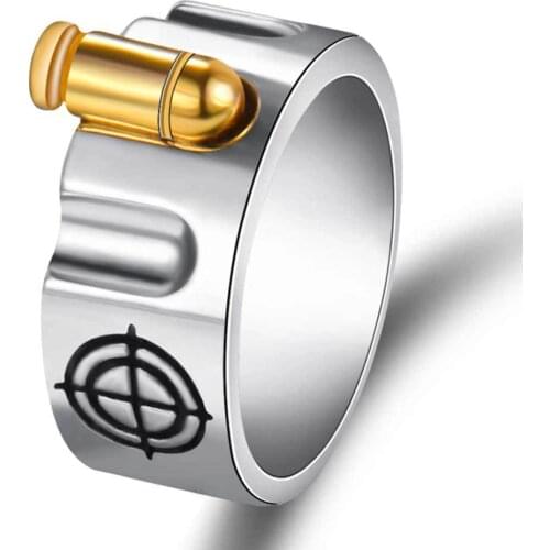 Russian Roulette Revolver Two Color Ring Punk Bullet Mens Ring Gothic Motorcyclist Hip Hop Rock Party Jewelry Size Us7-13