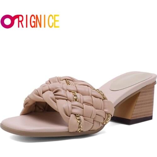 Orignice New Brand Summer Woven Metal Chains Slippers Women Square Toe Casual Sandals Flip Flops Outdoor Casual Slip On Slides