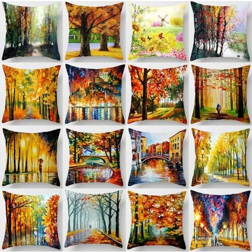 European three-dimensional Pillowcase oil Painting tree Pillow European architectural house hand-painted Pattern cushion cover