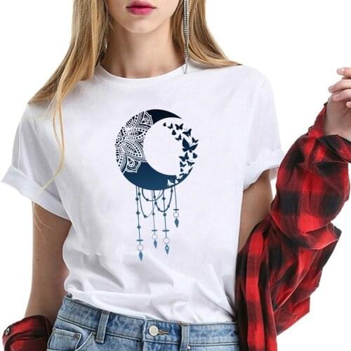 Women Short Sleeve Round Neck Loose Summer Unisex T Shirt Camisetas De Mujer Vintage Feather Moon Print Graphic Tees Shirt