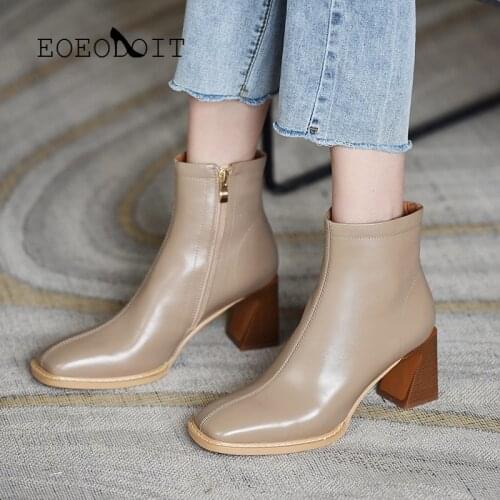 EOEODOIT Square Toe Leather Boots Med Heel Lace Autumn Spring Women Fashion Above Ankle Pumps Boot Back Zip Shoes
