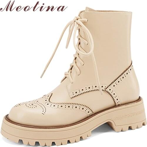 Meotina Women Genuine Leather Motorcycle Boots Platform Thick Heel Round Toe Shoes Med Heel Lace Up Ladies Boots Autumn Winter
