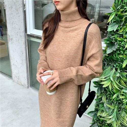 Women Autumn Winter Khaki Turtleneck Long Knitted Sweater Dress Loose Waist Full Sleeve Pullover Jumper Split Hem