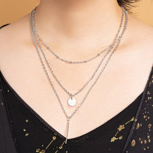 3 layers Silver Coin Rectangular bar Pendant Choker Necklace Women Clavicle Necklaces Girls Chain Chocker Necklace Jewelry Gift