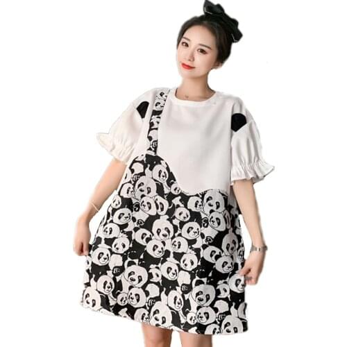 Summer Women Lovely Panda Print Fake 2 Pieces Dress Ruffle Short Puff Sleeves Mini Dresses Beach Oversized Sundress Vestidos