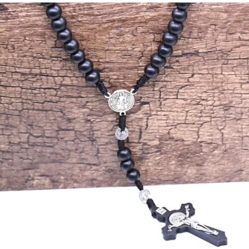 Cross Necklaces for Women - Black Wooden Cross Religious Necklace Catholic Rosary Necklace Church Souvenirs Prayer Pendant Neckl