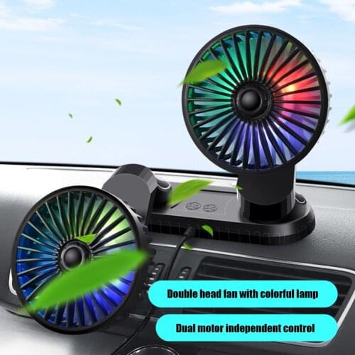 12/24V Dual Head Adjustable Wind Summer Car Truck Rotatable Cooling Fan Summer Radiator Aromatherapy Mini Fan with LED Lights