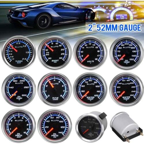 2'' 52mm Car Turbo Boost Oil Press BAR/PSI Oil/Water Temperature Tachometer Voltage Gauge 12V Universal Blue LED Black Faced