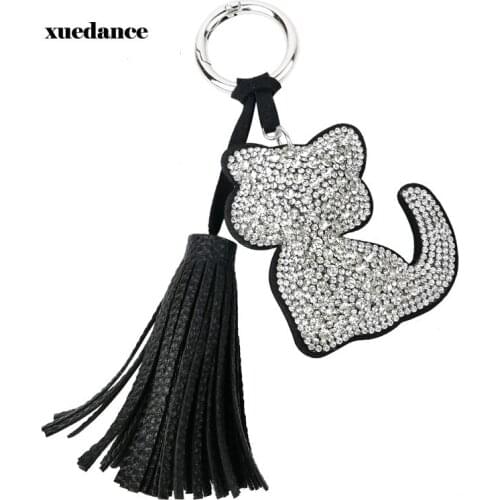 2021 New Creative Gifts Double-Sided Cat with Full Rhinestone Keychain PU Leather Bag Pendant