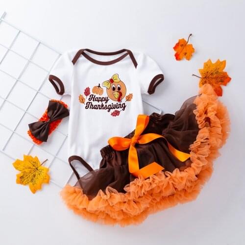3PCS 0-2 Years Baby Girls Thanks Giving Party Embroidery Design Clothing Cotton Short Sleeve Romper Skirt Costume