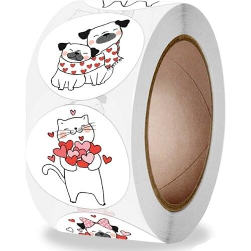 4 Styles Cute Cartoon Pet Valentines Day Stickers Cat&Dog Animal with Heart Sealing Labels 500pcs/roll for Gifts Wedding Decor