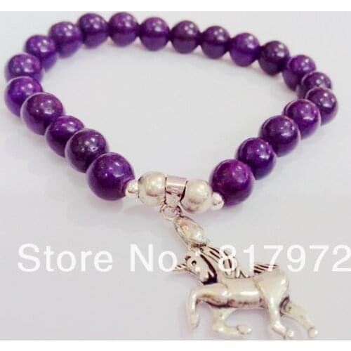 6pcs New Arrive Fashion Retro Silver Plated Dangle Lucky Horse Pendant Purple Stone Howlite Bead Bracelet Adjustable Party Gift