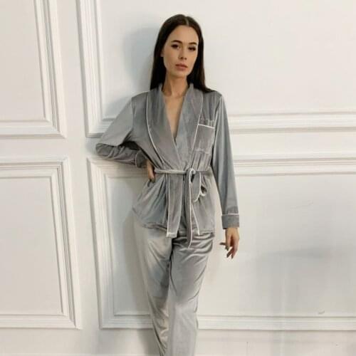 Velvet Warm Pajamas for Women Robes and Pants Solid Pocket Long Sleeve Thick Home Wear Autumn Night Suit Winter Casual