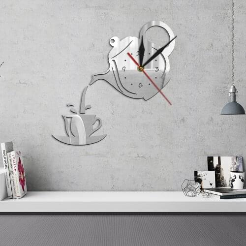 DIY Teapot and Cup Design Acrylic Mirror Effect Wall Clock Tea Kettle Pour tea Shaped Wall Hanging Clock Watch Teahouse Decor