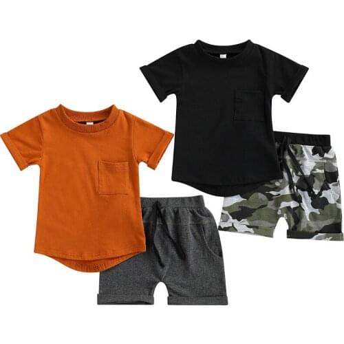 2pcs Kids Baby Boys Clothes Set Summer Toddler Short Sleeve Pocket T-shirt Tops Printed/solid Shorts Casual Boys Outfits 0-4Y